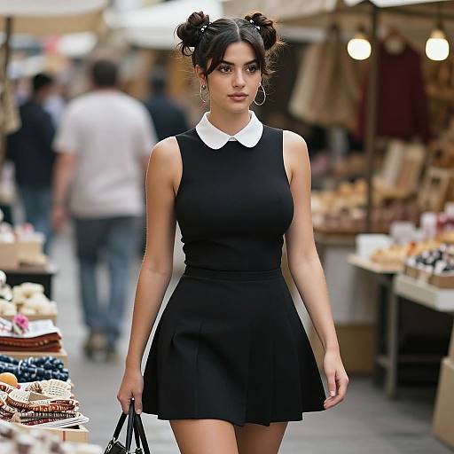 Photograph of a confident, dark-haired woman with double buns, wearing a black sleeveless dress with a white collar, walking through a bustling market