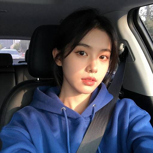 Sunlit Car Selfie in Blue Hoodie