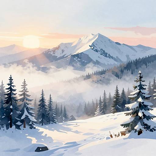 Digital painting of a snowy mountain landscape at sunrise, featuring pine trees, a misty valley, and a towering snow-covered peak.