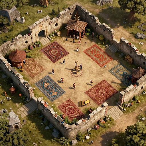 Aerial photograph of a medieval village square with colorful, intricately patterned rugs, stone walls, people, and wooden structures.