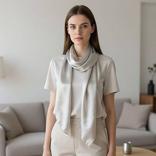 Photograph of a young woman with straight brown hair, fair skin, wearing a light gray scarf and matching short-sleeve top and pants, standing