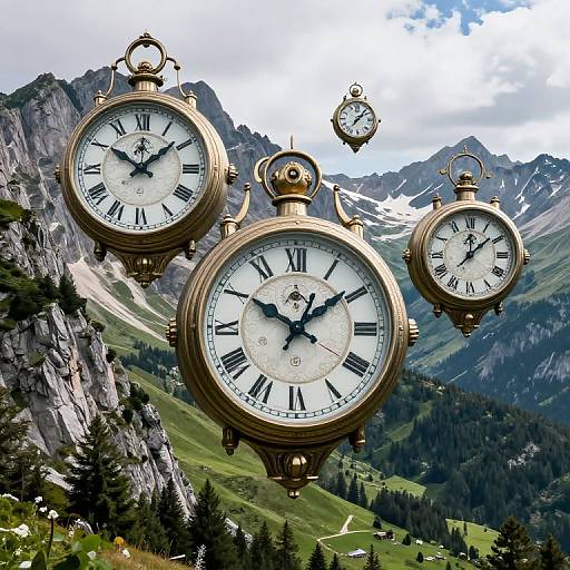 Photograph of four vintage, gold, pocket watches with black Roman numerals floating in a mountainous, green landscape under a cloudy sky.