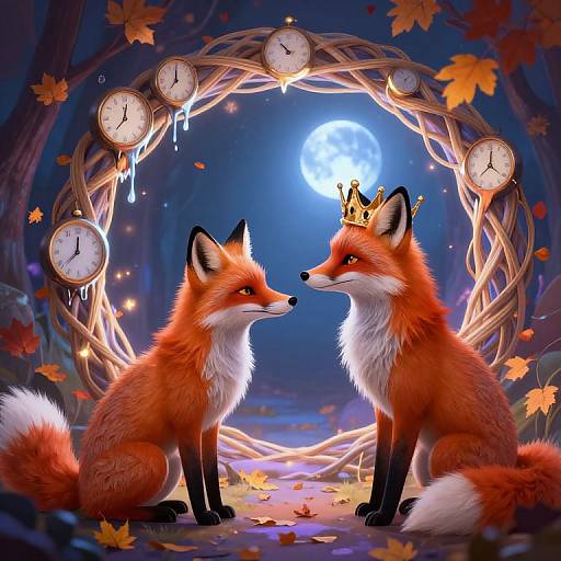 Digital artwork of two red foxes with white underbellies, sitting facing each other under a clock-adorned, moonlit, autumn forest arch