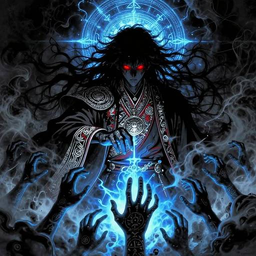 Digital artwork of a dark, shadowy figure with glowing red eyes, long black hair, and intricate armor, holding a blue, glowing cross amidst swirling