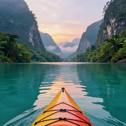 Photograph of a yellow and orange kayak's bow pointing forward on a calm, turquoise lake, surrounded by misty, lush, mountainous forest at