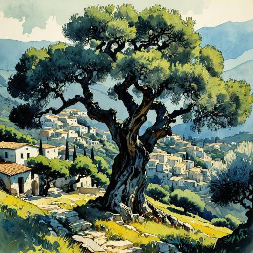 Ancient Olive Tree in Mediterranean Village
