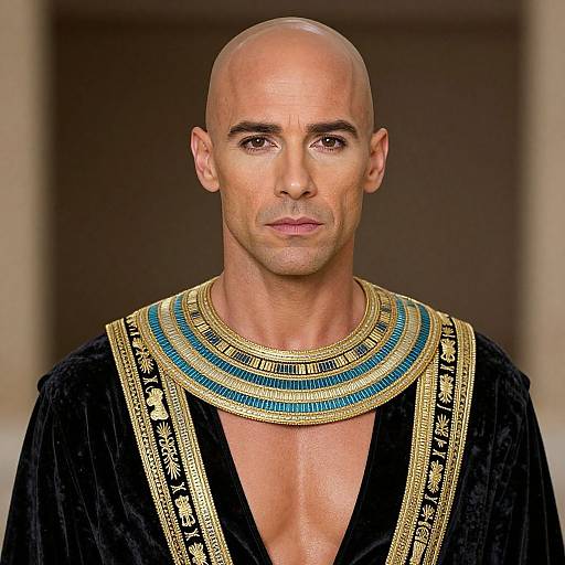 Photograph of a bald, muscular man with tanned skin wearing a black velvet robe and a gold and turquoise ornate necklace.