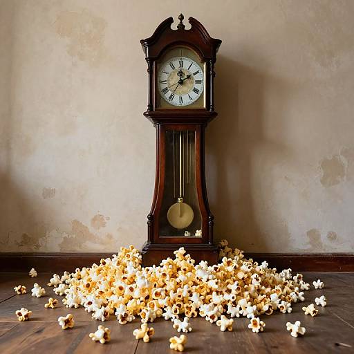 Photograph of a vintage wooden clock with a white face and black Roman numerals, surrounded by scattered glowing gold stars on a wooden floor, against a