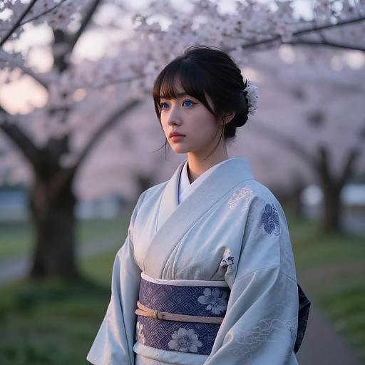 Photograph of a young Asian woman in a light blue kimono with floral patterns, standing in a cherry blossom tree park at sunset.
