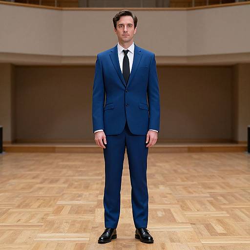 Photograph of a serious, fair-skinned man in a dark blue suit, white shirt, and black tie, standing in an empty, wooden-f