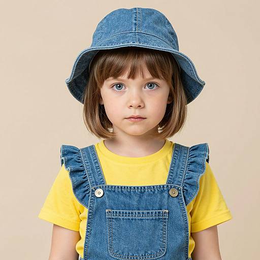 Photograph of a young girl with short brown hair, blue eyes, wearing a blue denim bucket hat and overalls over a yellow shirt, against a