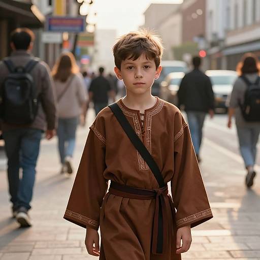 Confident Boy in Brown Robe Urban Scene