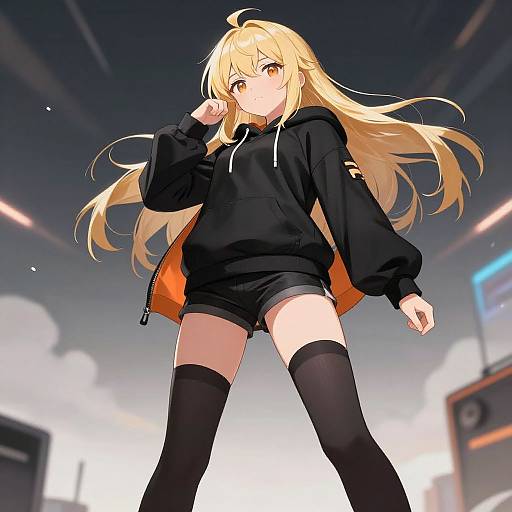 Anime-style digital drawing of a blonde girl in a black hoodie, shorts, and thigh-high socks, standing confidently in a futuristic cityscape at sunset.