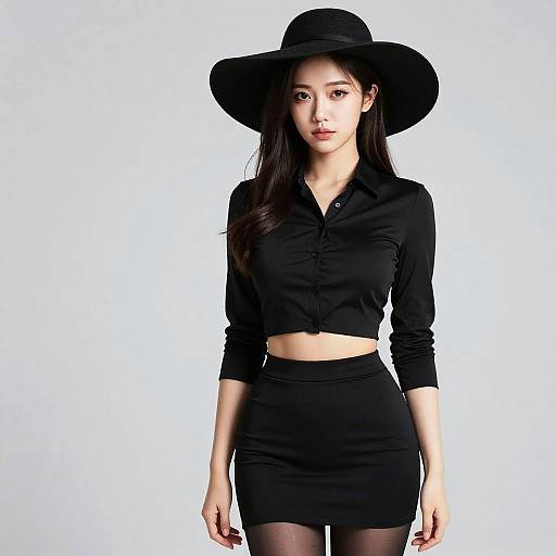 Photograph of an East Asian woman with long black hair, wearing a black wide-brim hat, long-sleeve black blouse, black mini skirt