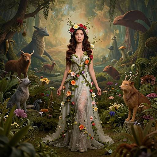 Digital fantasy artwork: A dark-haired woman in a floral crown and lace dress stands in a magical forest, surrounded by mythical creatures and vibrant flowers. Eth