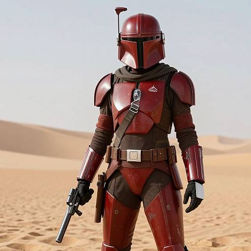 Photorealistic digital image of a Mandalorian warrior in red armor, helmet with visor, black scarf, holding blaster, standing in a sunny