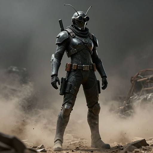 CGI image of a futuristic, armored robot with antennae, standing in a dusty, war-torn landscape, wearing tactical gear and carrying a gun