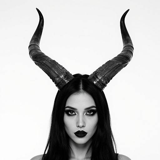 Digital portrait of a pale, dark-eyed woman with long black hair, black lipstick, and large, curved black horns against a white background.
