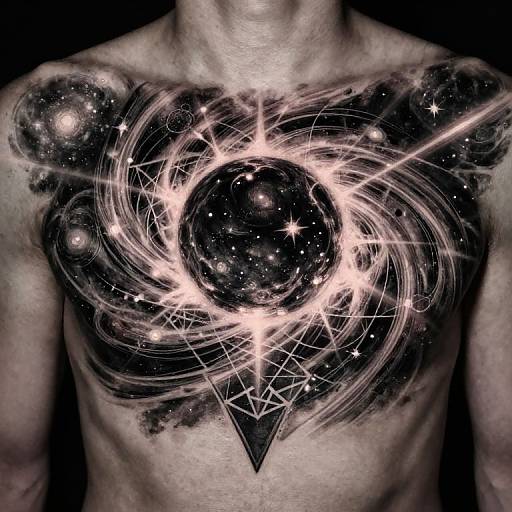 Photograph of a shirtless man with a cosmic, star-filled tattoo of swirling galaxies, geometric shapes, and a central glowing sphere on his chest.