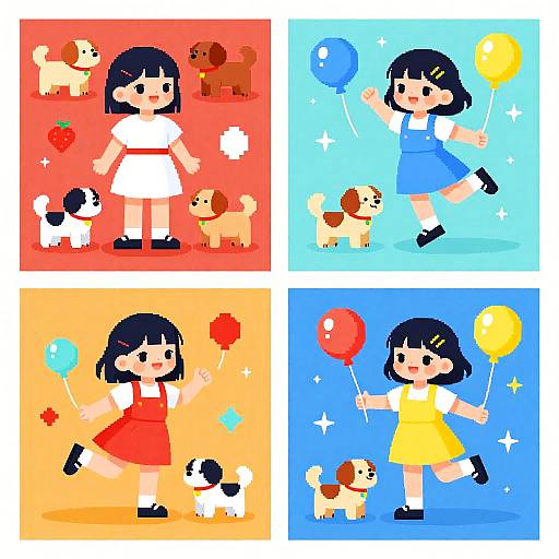 Four-square digital illustration: Anime girl in white, blue, red dresses, holding balloons, surrounded by dogs, different backgrounds (red, blue, orange