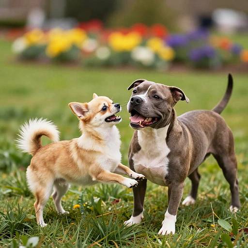 Photograph of a playful tan and white corgi puppy and a grey brindle dog with a white chest standing on green grass, with colorful flowers