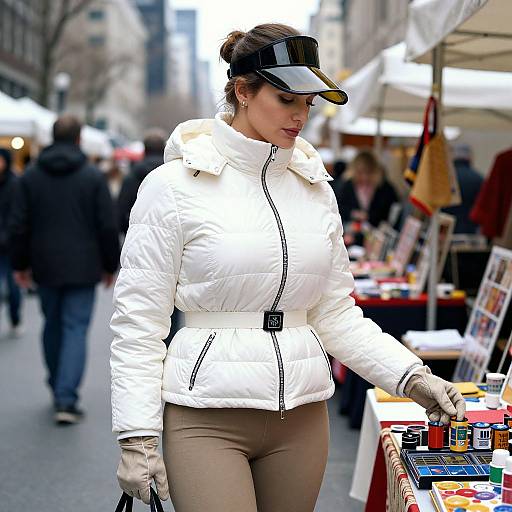 Photograph of a woman in a white puffer jacket, beige pants, and black visor, browsing a street market stall in a bustling city.
