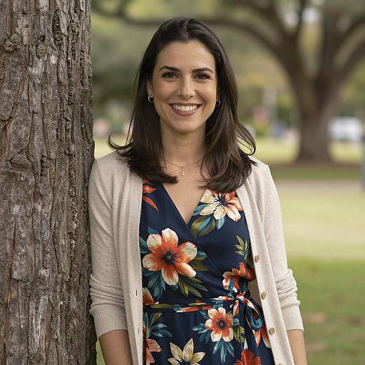 Photograph of a smiling woman with dark hair, wearing a floral navy dress and beige cardigan, standing against a tree in a park.
