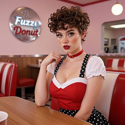 Photorealistic digital art of a curly-haired, fair-skinned woman with red lipstick, wearing a red and white polka dot dress, sitting in