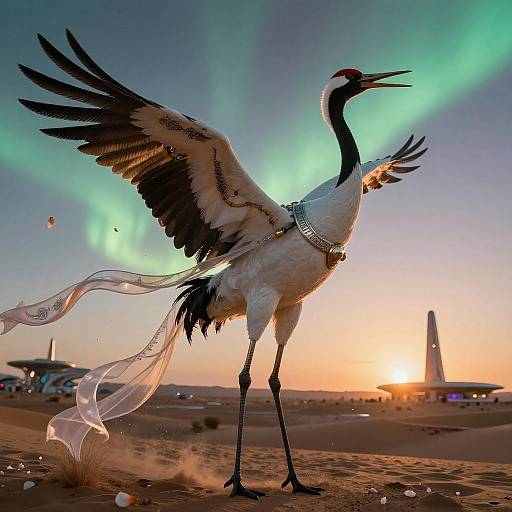 Elegant Crane with Ceremonial Harness at Sunset