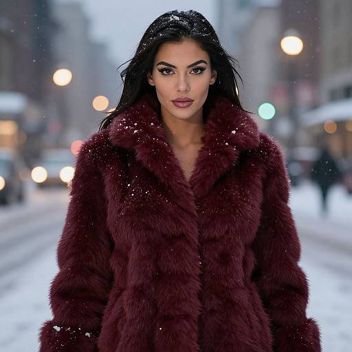 Photograph of a confident woman with dark hair, wearing a plush maroon fur coat, standing in a snowy city street at night. Blurred street