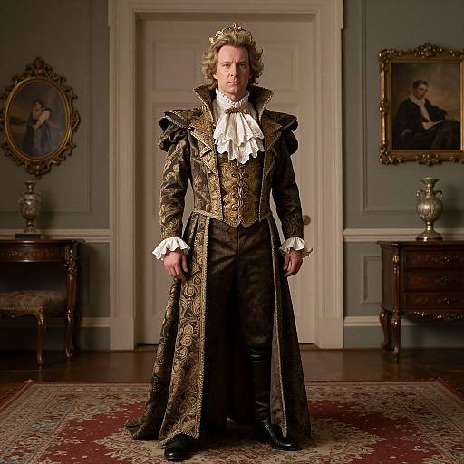 Photograph of a stern, blonde man in elaborate 18th-century royal attire, standing in a grand, ornately decorated room.