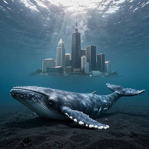 Digital artwork of a massive blue whale swimming underwater in front of a futuristic, illuminated city skyline, blending marine and urban elements.
