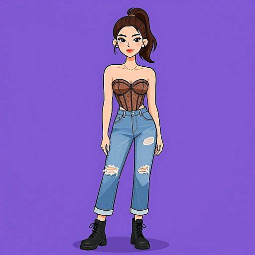 Digital drawing of a young woman with a high ponytail, wearing a brown lace corset, ripped blue jeans, and black boots, against a solid