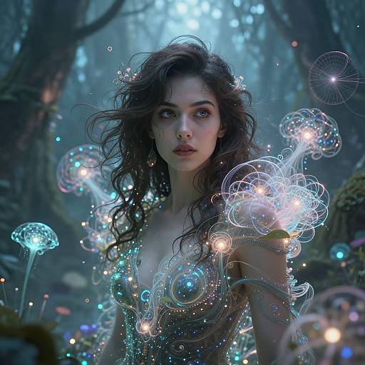 Digital fantasy artwork: A beautiful, ethereal woman with wavy dark hair, glowing orbs, and luminescent bubbles in a mystical forest.