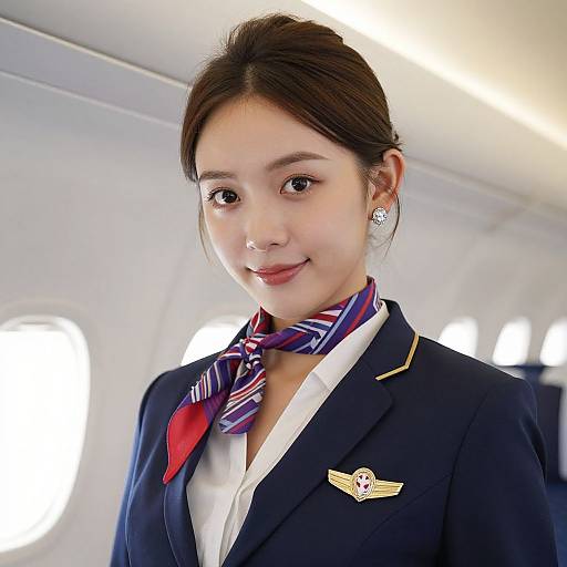 Photograph of an Asian female airline stewardess with dark hair in a bun, wearing a navy blue uniform with a red-striped scarf, white shirt,