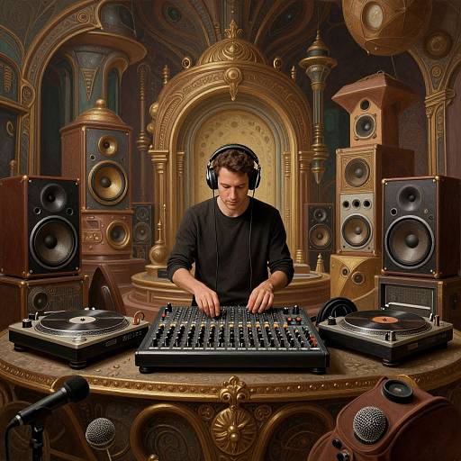 Photograph of a man with headphones, black shirt, operating a DJ mixer in an ornate, vintage audio booth with multiple speakers.