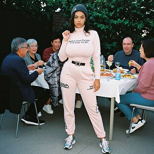 Photograph of a curvy woman with medium brown skin and black hair, wearing a white turtleneck jumpsuit, black beanie, and white