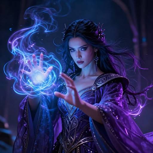 Digital artwork of a mystical woman with glowing blue and purple magic, wearing an ornate, dark purple robe, against a dark, blurred background. Eth