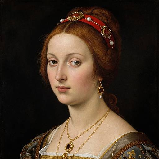Renaissance-style painting of a fair-skinned woman with red hair, wearing a red headband, gold earrings, and necklace, against a black