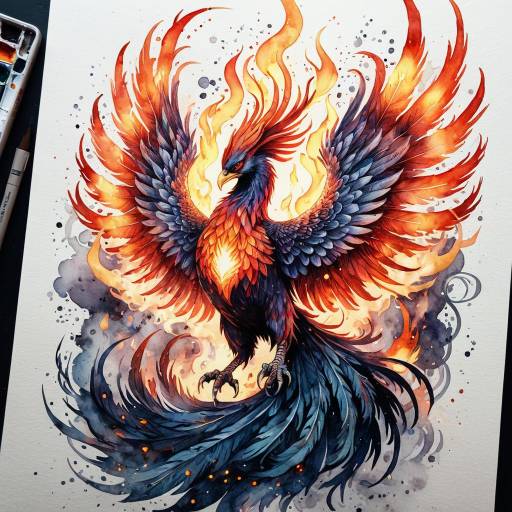 Watercolor Mythical Phoenix with Flames