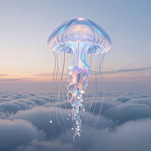 Photorealistic CGI of a glowing, translucent jellyfish with blue and white hues floating above a sea of clouds at sunrise.