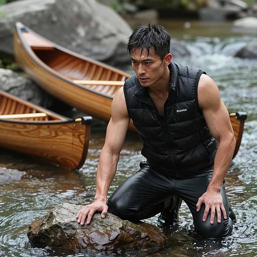 Intense River Scene with Muscular Man