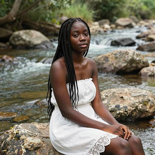 Photograph of a dark-skinned Black woman with long braids, wearing a white strapless dress, sitting on rocks by a flowing stream in a