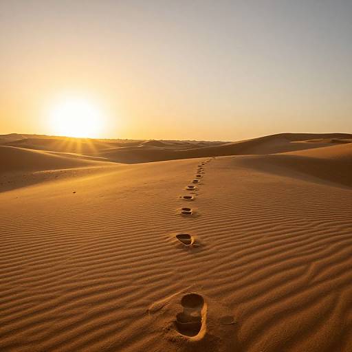 Photograph of a sunlit desert with a single line of footprints leading into the golden, rippled sand dunes at sunset.