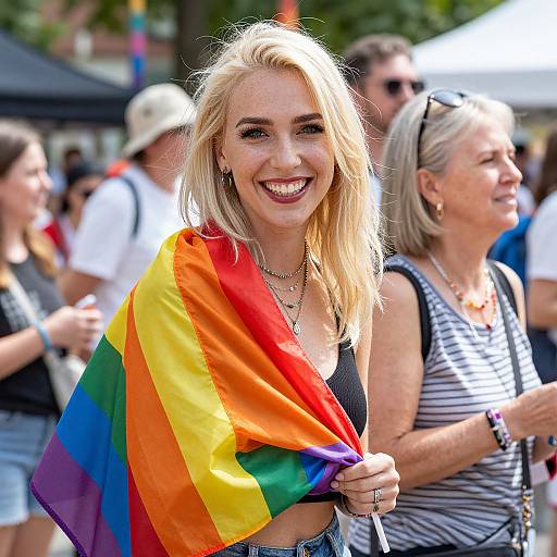 Photograph of a smiling blonde woman with fair skin, wearing a black tank top and rainbow Pride flag, standing among a diverse crowd outdoors.