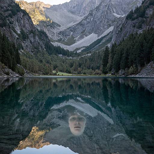 Photograph of a serene mountain lake reflecting a person's face underwater, surrounded by dense forest and towering, snow-capped peaks.