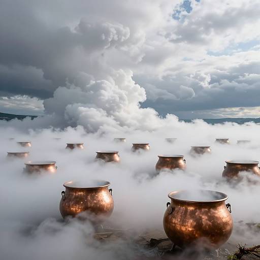 Photograph of nine copper pots emitting steam, set against a dramatic cloudy sky, with mist rising around them.