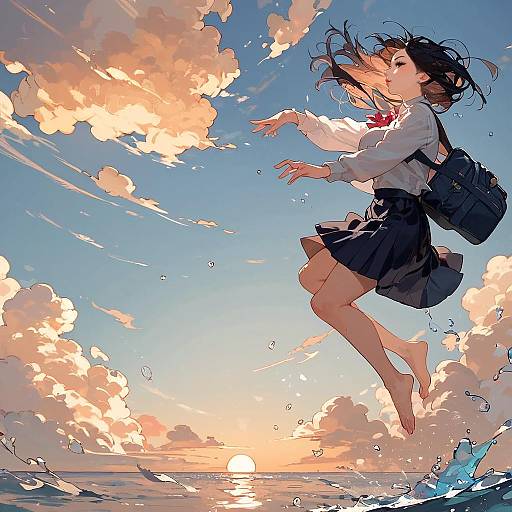 Anime Girl Jumping Over Ocean at Sunset