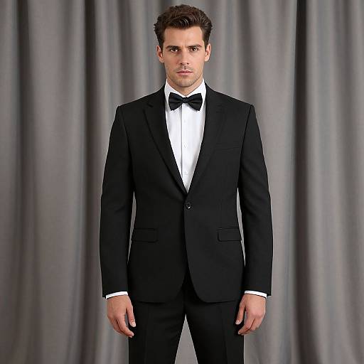 Photograph of a handsome Caucasian man with short brown hair, wearing a black tuxedo with a white shirt and black bow tie, standing against gray