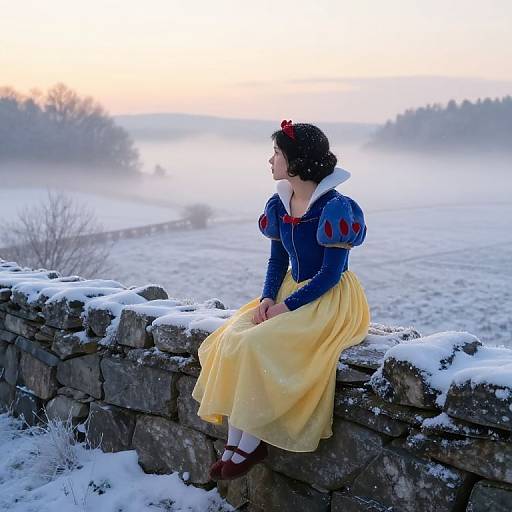 Snowy sunrise photograph of Snow White sitting on a stone wall, wearing blue puffed sleeves, yellow skirt, and red bow, gazing thoughtfully